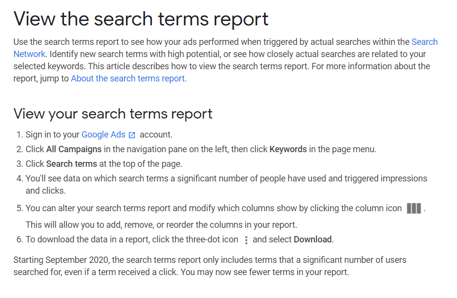 search terms report