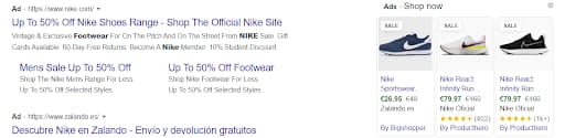 Google Search Ads (left side) vs Google Shopping Ads (right side)