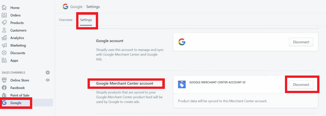 disconnect google merchant center feed from shopify api 1st step