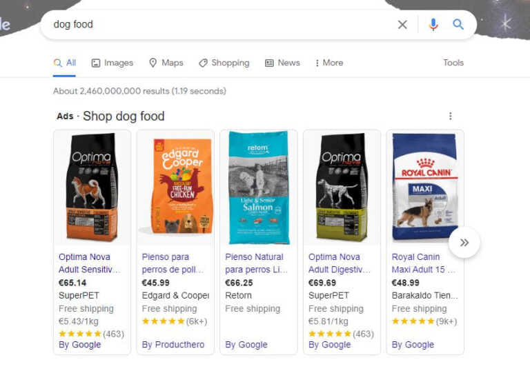 dog food google shopping example